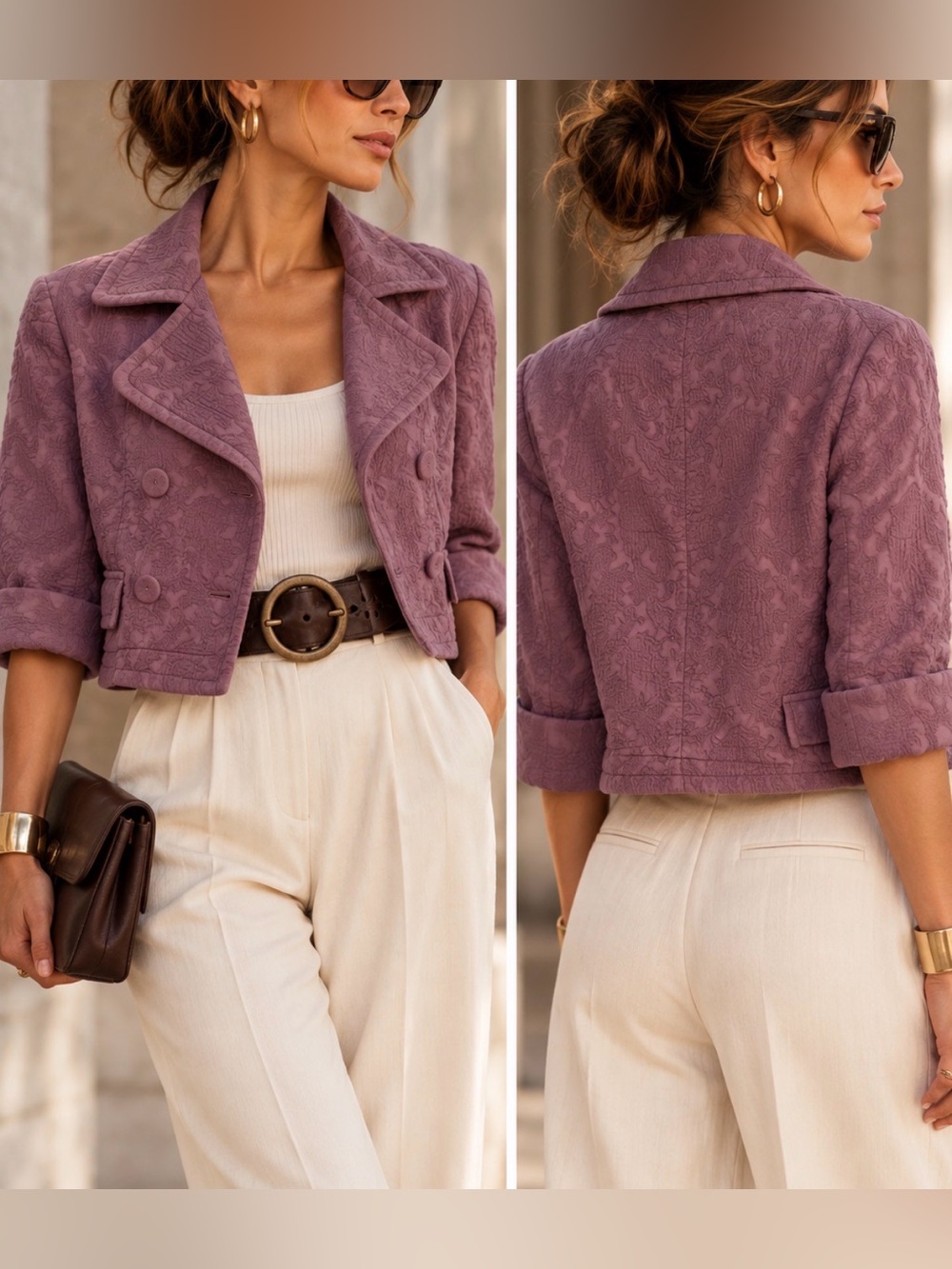 Kenneth Cole Mauve Textured Cropped Double Breasted Jacket Size 4